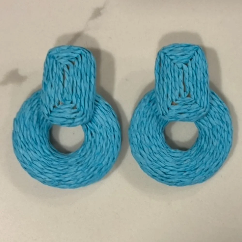 Boho Wrapped Raffia Door Knocker Earrings Blue Statement Show Stopper